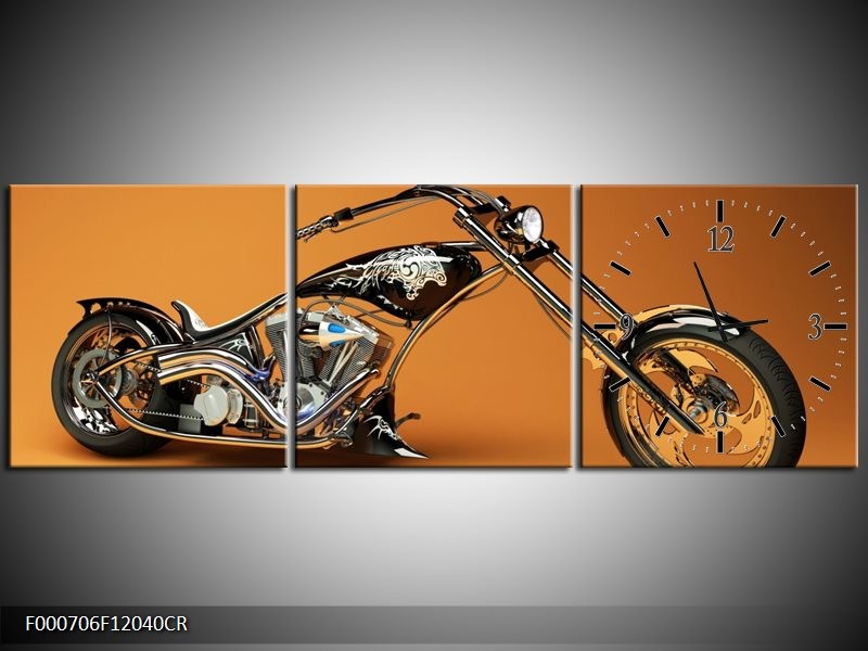 Klok schilderij Motor | Oranje, Bruin, Zwart | 120x40cm 3Luik