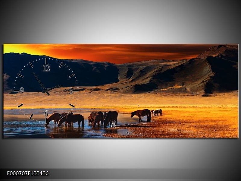 Klok schilderij Paarden | Oranje, Rood, Blauw | 100x40cm 1Luik