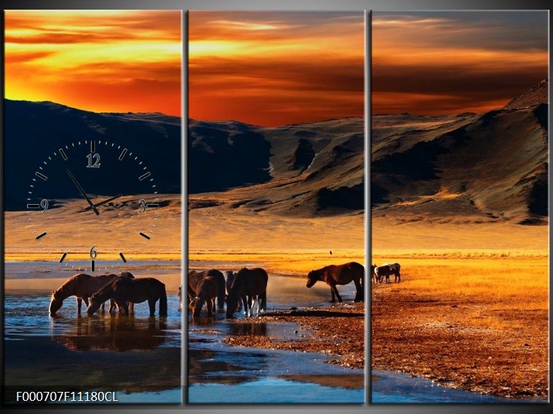 Klok schilderij Paarden | Oranje, Rood, Blauw | 111x80cm 3Luik
