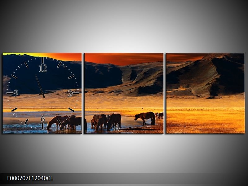 Klok schilderij Paarden | Oranje, Rood, Blauw | 120x40cm 3Luik