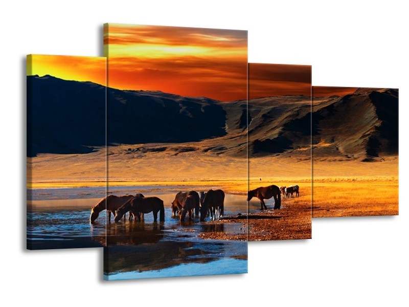 Canvas schilderij Paarden | Oranje, Rood, Blauw | 120x75cm 4Luik