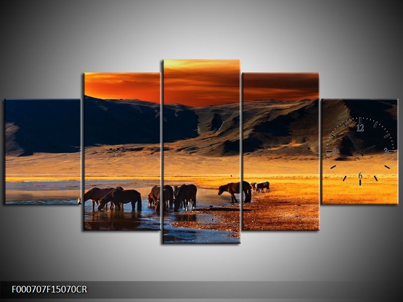 Klok schilderij Paarden | Oranje, Rood, Blauw | 150x70cm 5Luik
