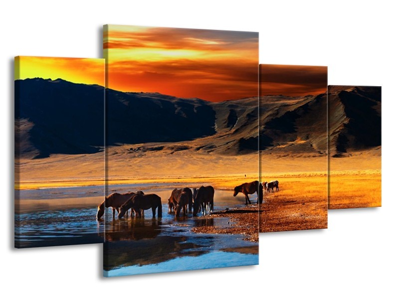 Canvas schilderij Paarden | Oranje, Rood, Blauw | 160x90cm 4Luik