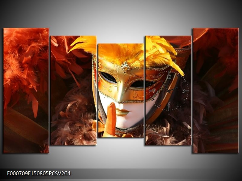 Klok schilderij Masker | Geel, Oranje, Wit | 150x80cm 5Luik