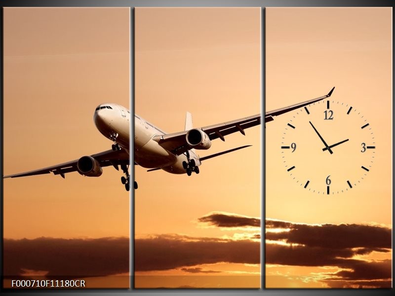Klok schilderij Vliegtuig | Bruin, Geel, Zwart | 111x80cm 3Luik