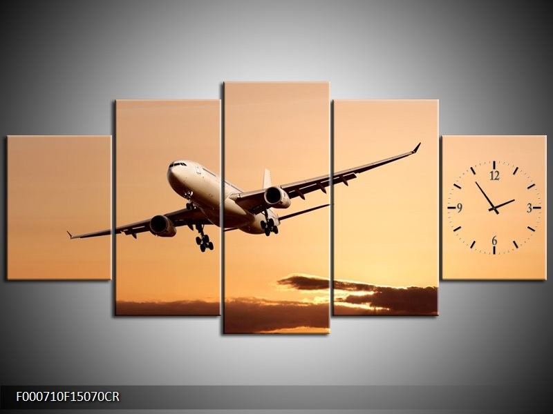 Klok schilderij Vliegtuig | Bruin, Geel, Zwart | 150x70cm 5Luik