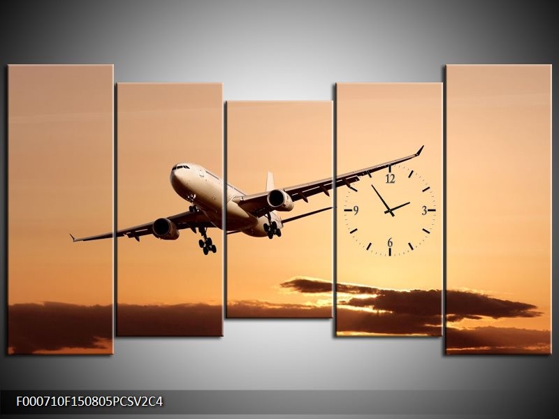 Klok schilderij Vliegtuig | Bruin, Geel, Zwart | 150x80cm 5Luik