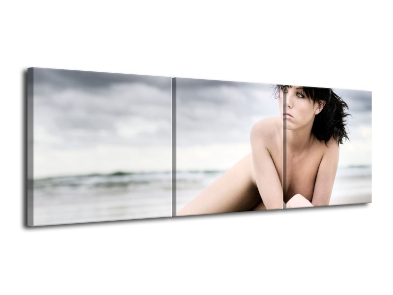 Canvas schilderij Vrouw | Wit, Blauw, Grijs | 120x40cm 3Luik