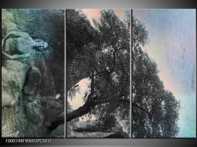 Klok schilderij Natuur | Grijs, Blauw, Groen | 90x60cm 3Luik