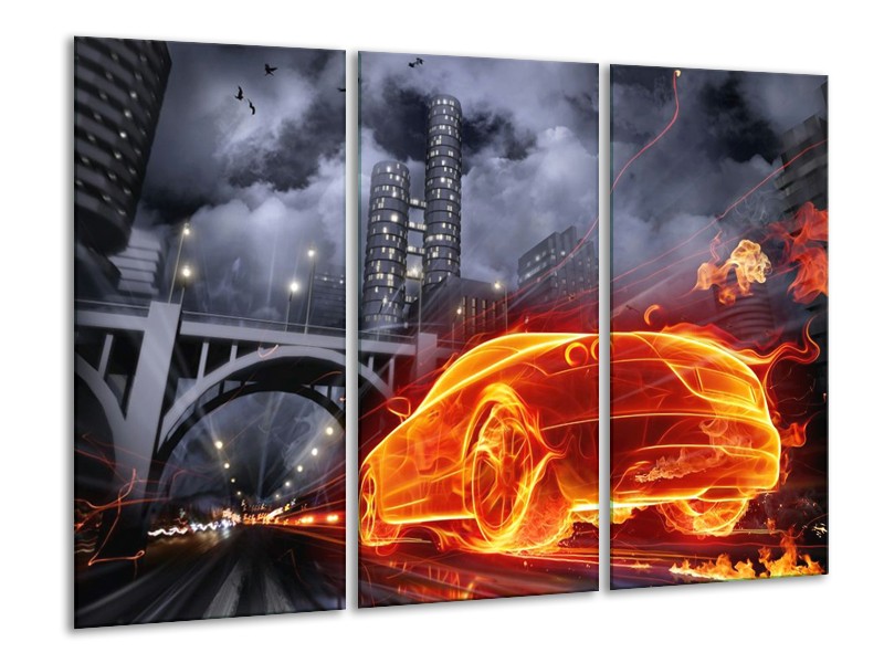 Canvas schilderij Auto | Rood, Oranje, Zwart | 120x80cm 3Luik