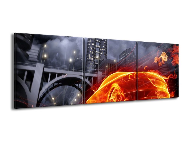 Canvas schilderij Auto | Rood, Oranje, Zwart | 150x50cm 3Luik