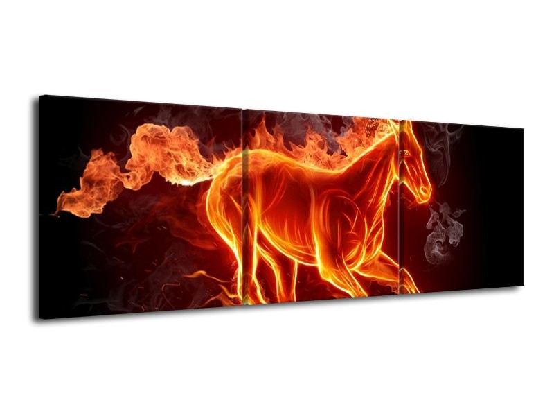 Canvas schilderij Paarden | Rood, Oranje, Zwart | 120x40cm 3Luik