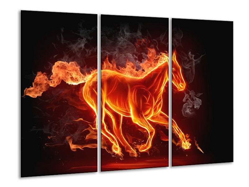 Canvas schilderij Paarden | Rood, Oranje, Zwart | 120x80cm 3Luik