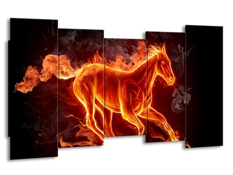 Canvas schilderij Paarden | Rood, Oranje, Zwart | 150x80cm 5Luik