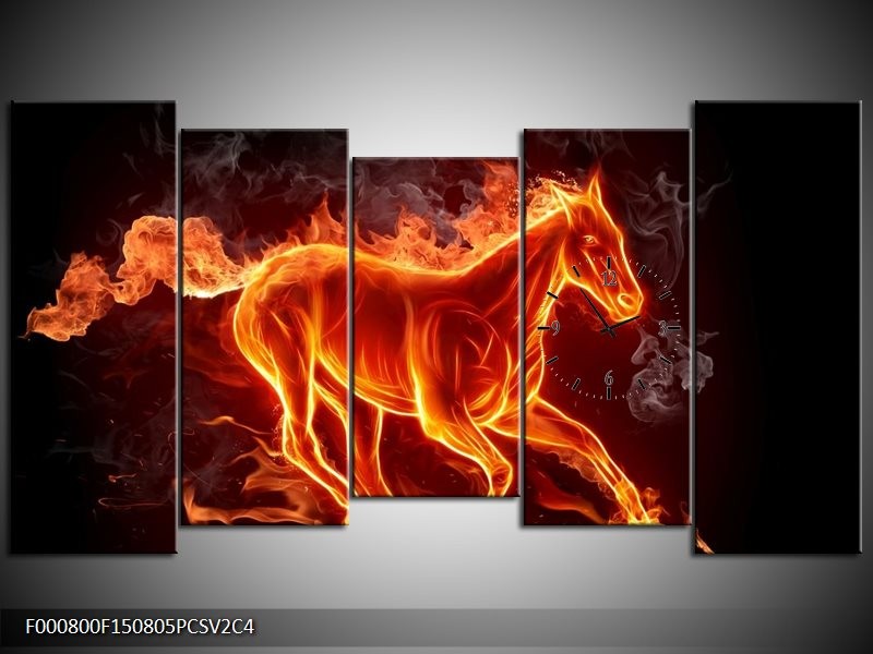 Klok schilderij Paarden | Rood, Oranje, Zwart | 150x80cm 5Luik