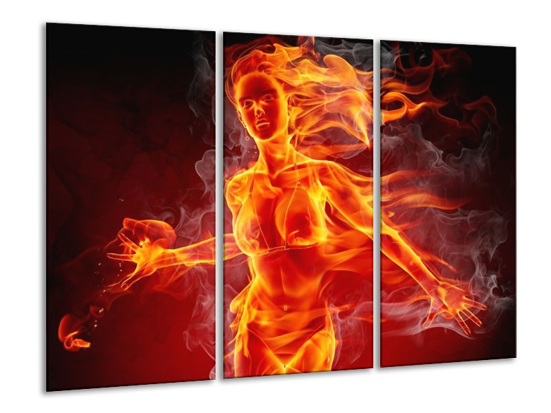 Canvas schilderij Vrouw | Rood, Oranje, Zwart | 120x80cm 3Luik