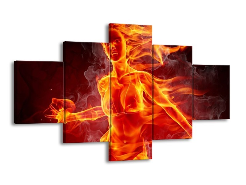 Canvas schilderij Vrouw | Rood, Oranje, Zwart | 125x70cm 5Luik