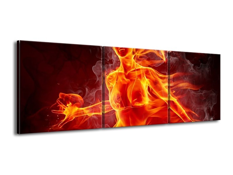 Canvas schilderij Vrouw | Rood, Oranje, Zwart | 150x50cm 3Luik