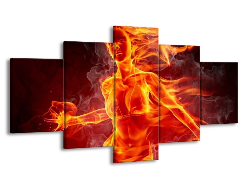 Canvas schilderij Vrouw | Rood, Oranje, Zwart | 150x80cm 5Luik