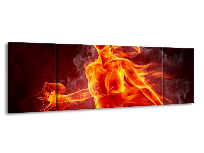 Canvas schilderij Vrouw | Rood, Oranje, Zwart | 170x50cm 3Luik