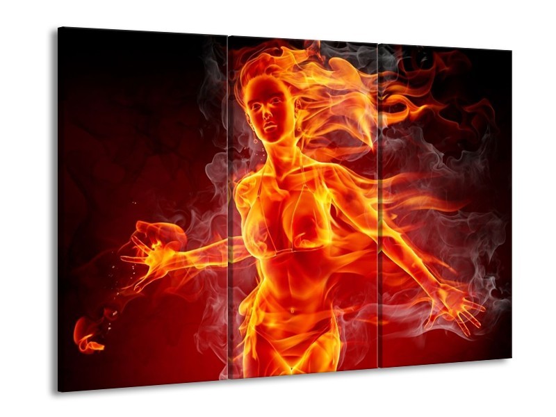 Glas schilderij Vrouw | Rood, Oranje, Zwart | 90x60cm 3Luik
