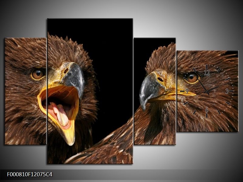 Klok schilderij Vogels | Geel, Bruin, Zwart | 120x75cm 4Luik