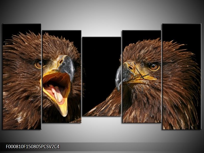 Klok schilderij Vogels | Geel, Bruin, Zwart | 150x80cm 5Luik