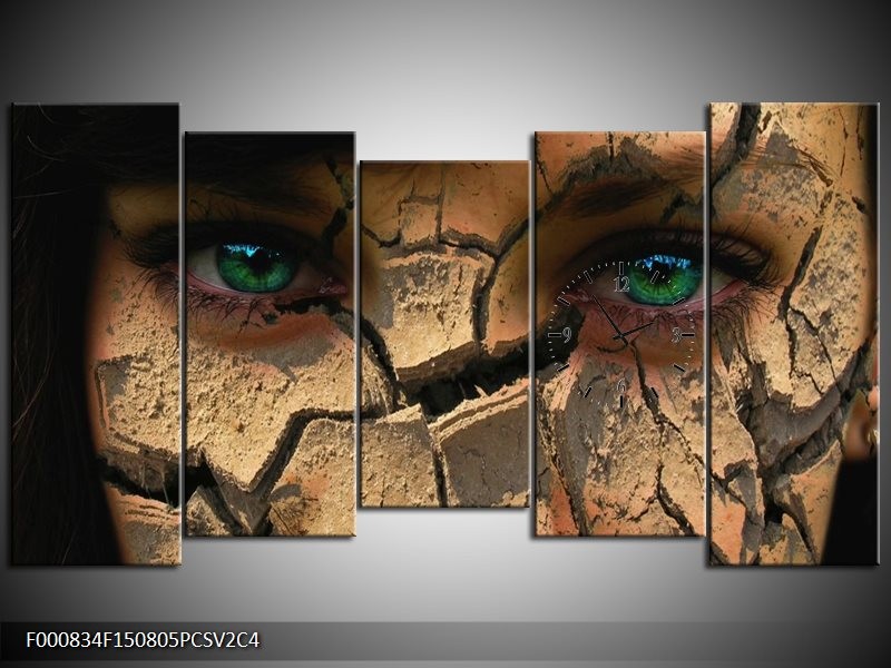 Klok schilderij Gezicht | Bruin, Groen, Zwart | 150x80cm 5Luik