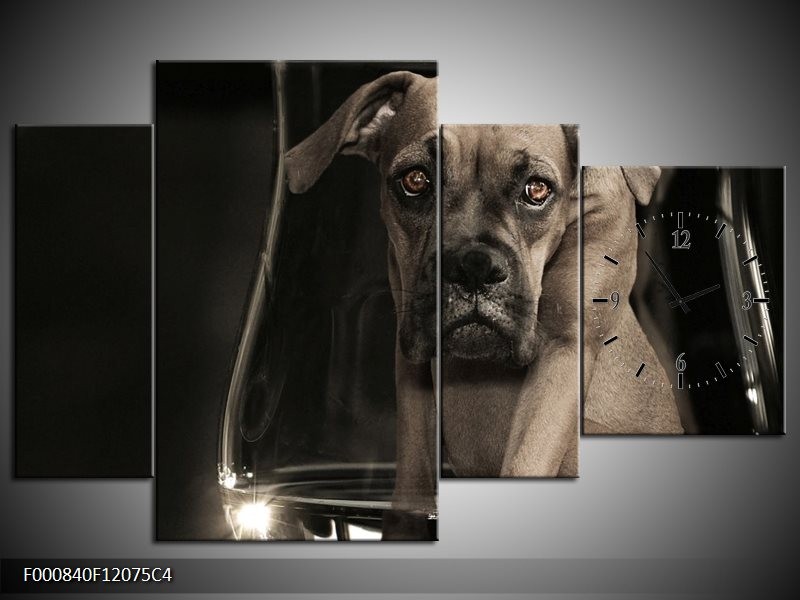 Klok schilderij Hond | Grijs, Zwart, Wit | 120x75cm 4Luik