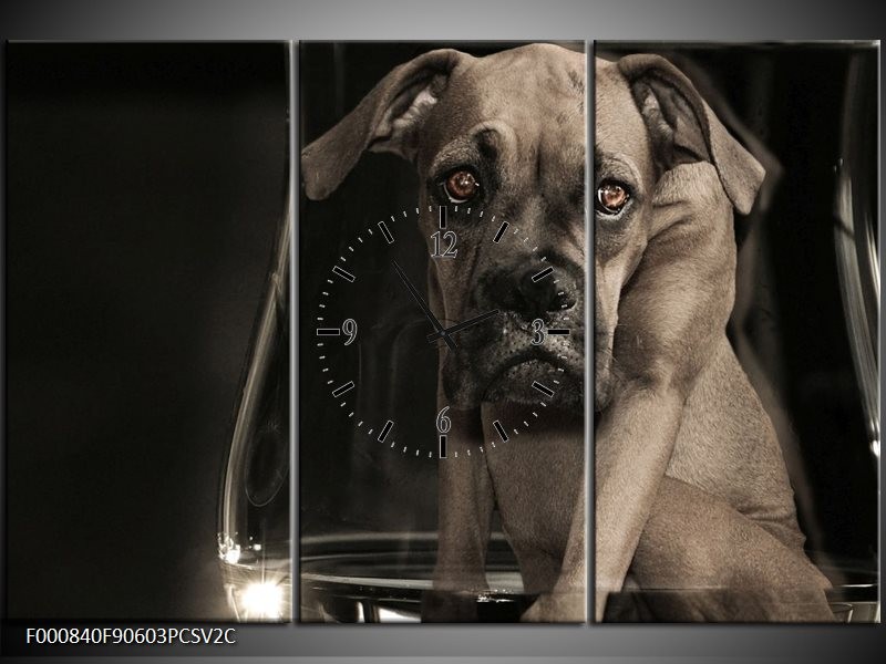 Klok schilderij Hond | Grijs, Zwart, Wit | 90x60cm 3Luik