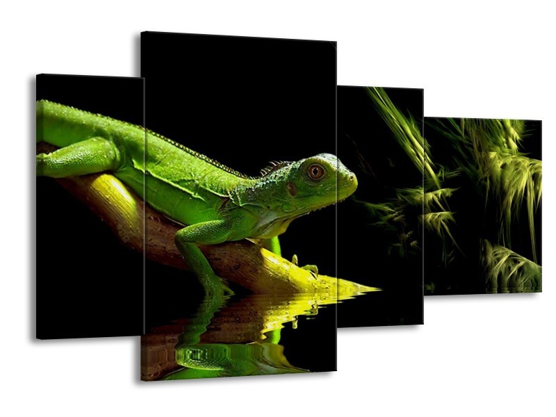 Canvas schilderij Leguaan | Groen, Zwart, Geel | 120x75cm 4Luik