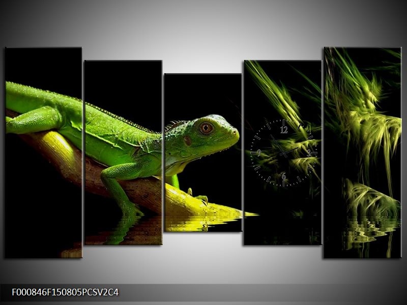 Klok schilderij Leguaan | Groen, Zwart, Geel | 150x80cm 5Luik