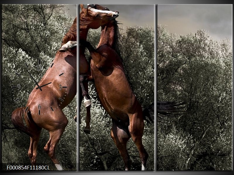 Klok schilderij Paarden | Bruin, Grijs | 111x80cm 3Luik