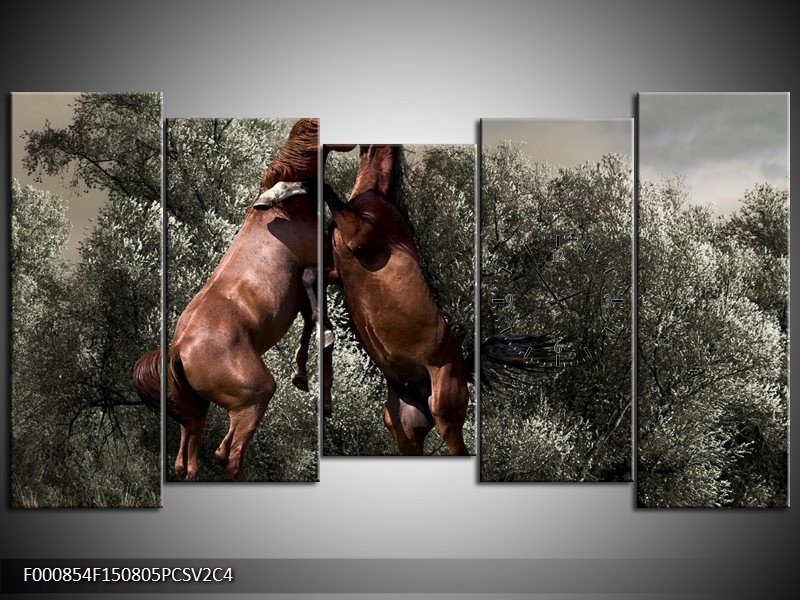 Klok schilderij Paarden | Bruin, Grijs | 150x80cm 5Luik