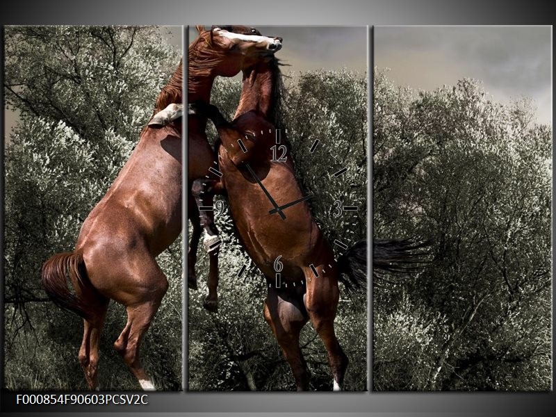 Klok schilderij Paarden | Bruin, Grijs | 90x60cm 3Luik