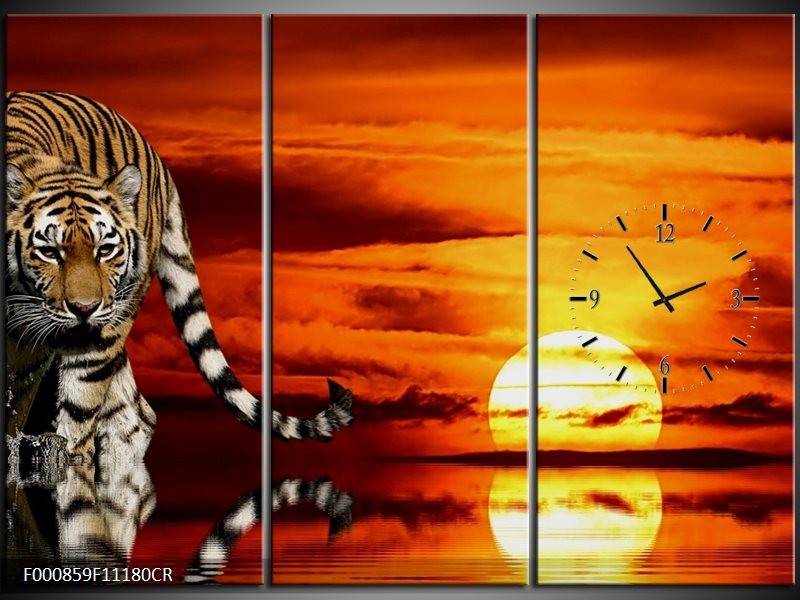 Klok schilderij Tijger | Bruin, Oranje, Rood | 111x80cm 3Luik
