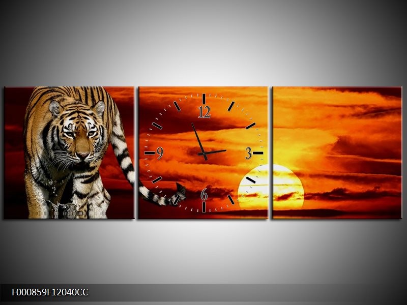 Klok schilderij Tijger | Bruin, Oranje, Rood | 120x40cm 3Luik