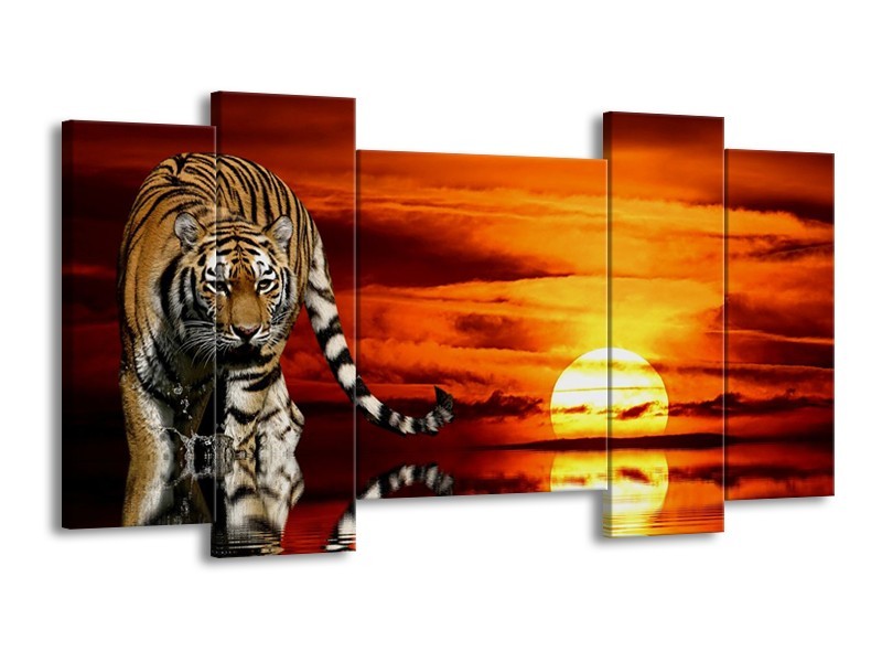 Canvas schilderij Tijger | Bruin, Oranje, Rood | 120x65 5Luik