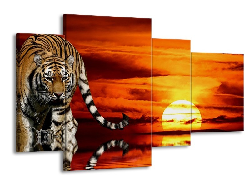 Canvas schilderij Tijger | Bruin, Oranje, Rood | 120x75cm 4Luik