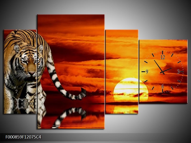 Klok schilderij Tijger | Bruin, Oranje, Rood | 120x75cm 4Luik