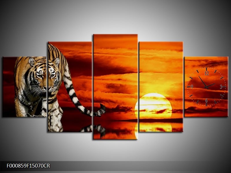 Klok schilderij Tijger | Bruin, Oranje, Rood | 150x70cm 5Luik