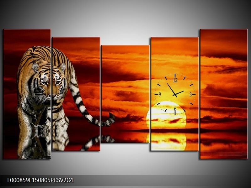 Klok schilderij Tijger | Bruin, Oranje, Rood | 150x80cm 5Luik
