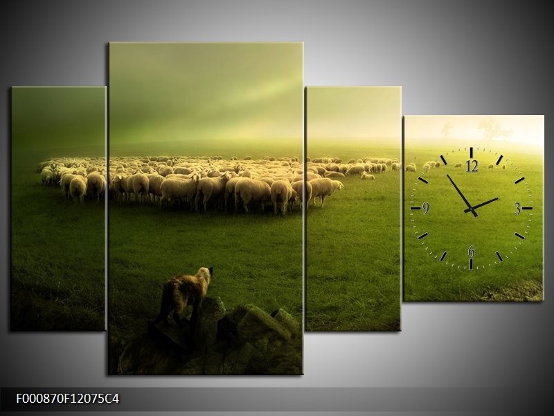 Klok schilderij Schaap | Groen, Geel, Wit | 120x75cm 4Luik