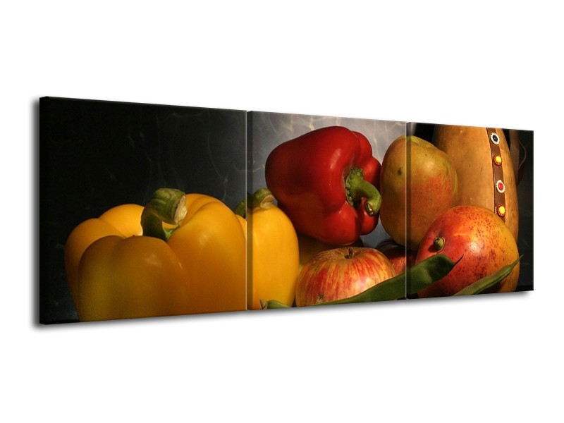 Canvas schilderij Paprika | Geel, Rood, Grijs | 120x40cm 3Luik