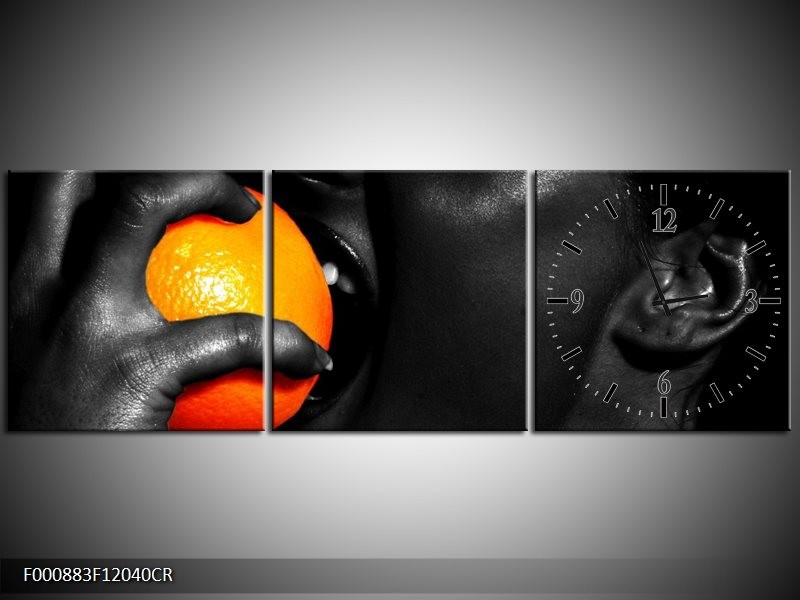 Klok schilderij Gezicht | Oranje, Zwart, Wit | 120x40cm 3Luik