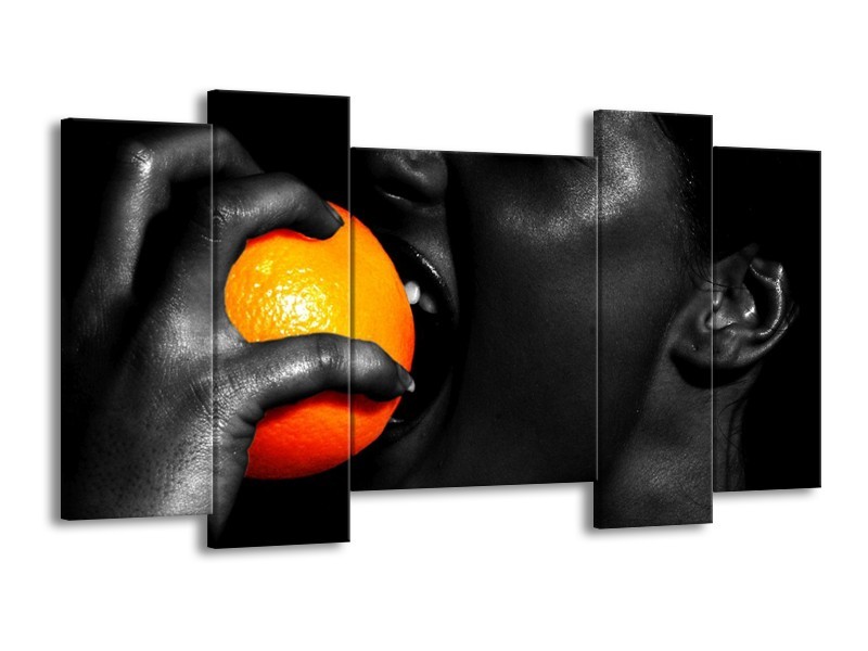 Canvas schilderij Gezicht | Oranje, Zwart, Wit | 120x65 5Luik