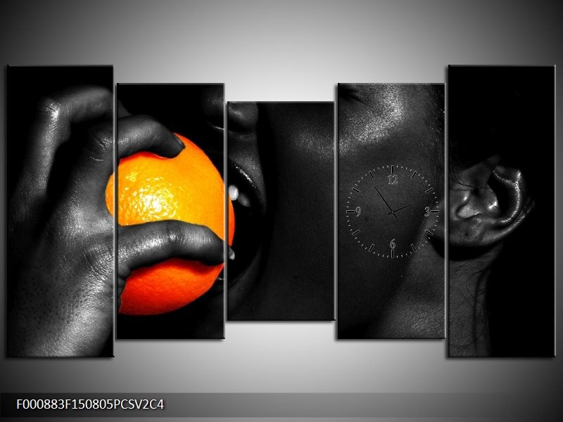 Klok schilderij Gezicht | Oranje, Zwart, Wit | 150x80cm 5Luik