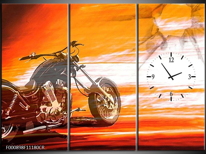 Klok schilderij Motor | Geel, Oranje, Rood | 111x80cm 3Luik