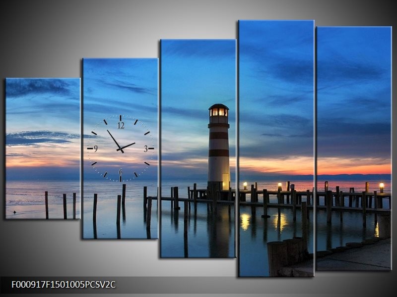 Klok schilderij Vuurtoren | Blauw, Paars, Zwart | 150x100cm 5Luik