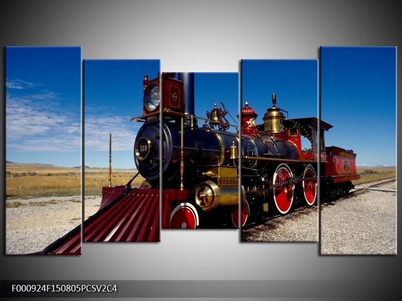 Klok schilderij Trein | Rood, Blauw, Goud | 150x80cm 5Luik